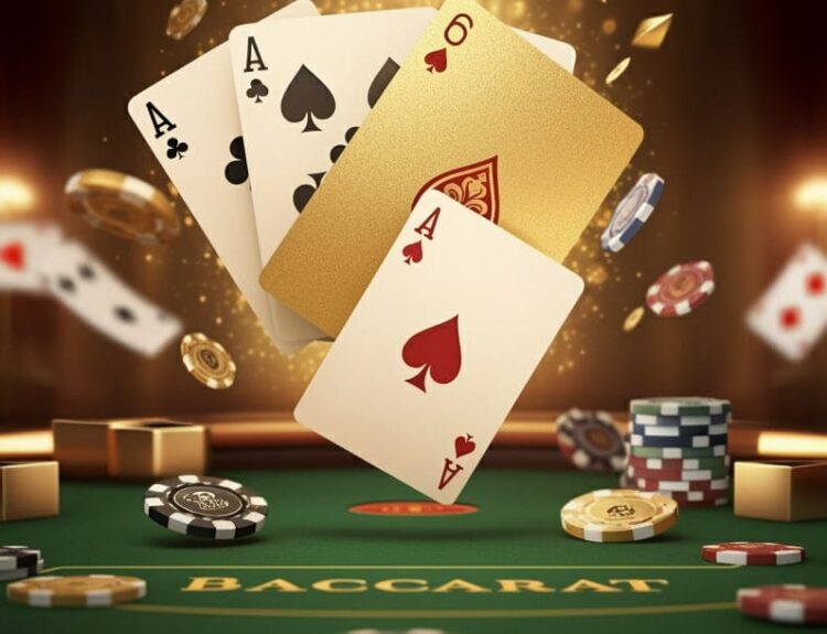 Floating playing cards and casino chips on a green felt table
