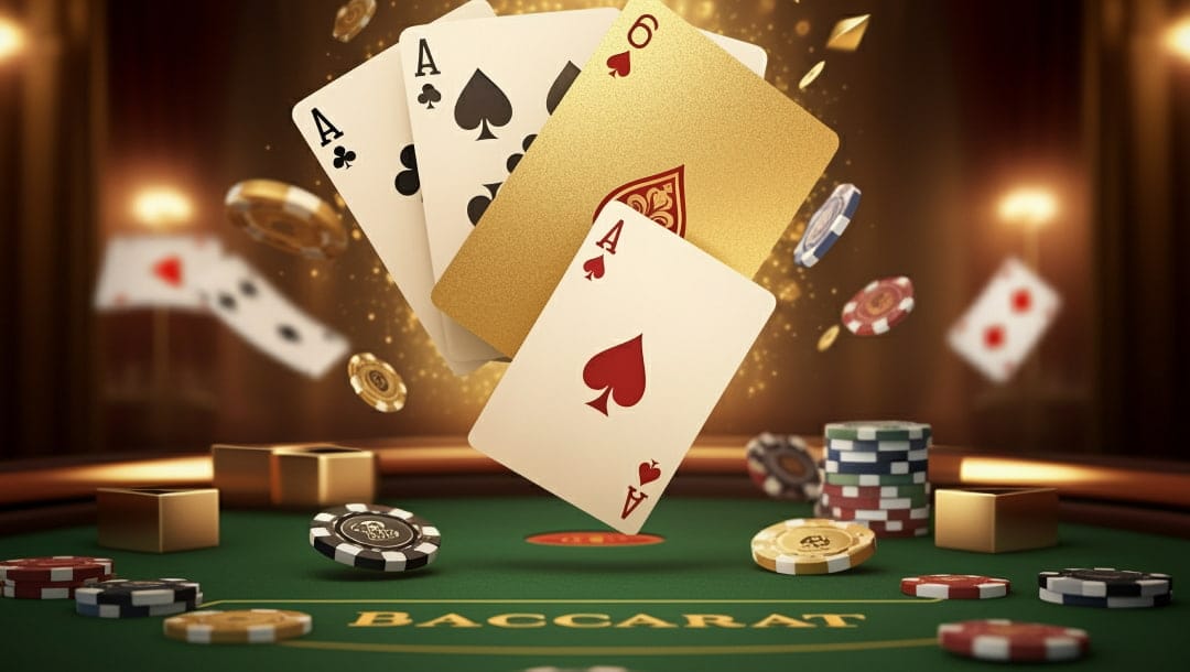 Floating playing cards and casino chips on a green felt table