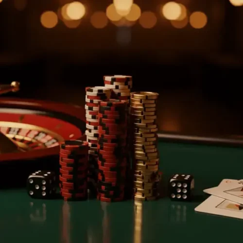 Close-up of a roulette wheel, stacked poker chips, and playing cards on a casino table