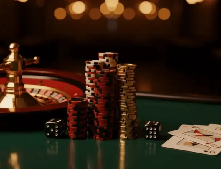 Close-up of a roulette wheel, stacked poker chips, and playing cards on a casino table