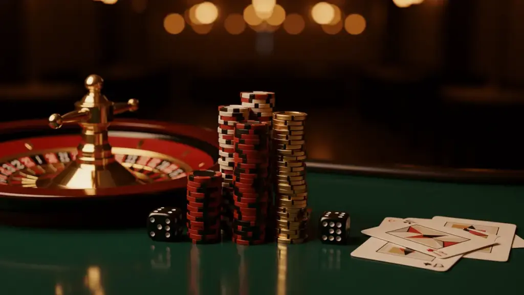 Close-up of a roulette wheel, stacked poker chips, and playing cards on a casino table