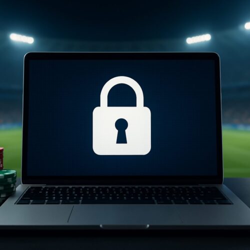 A laptop displaying a lock icon on a dark screen, with poker chips in the foreground and a blurred stadium in the backgr