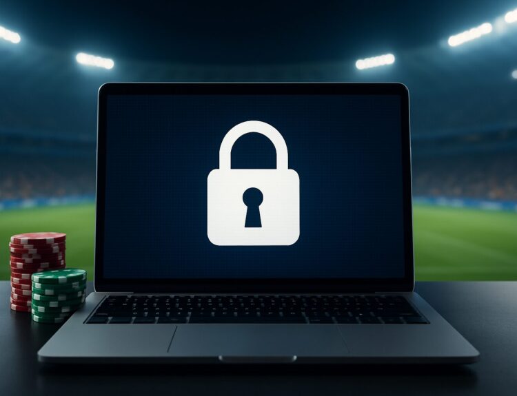 A laptop displaying a lock icon on a dark screen, with poker chips in the foreground and a blurred stadium in the backgr