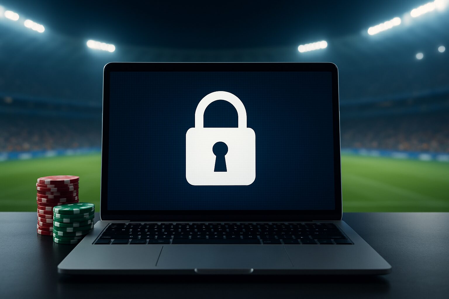A laptop displaying a lock icon on a dark screen, with poker chips in the foreground and a blurred stadium in the backgr