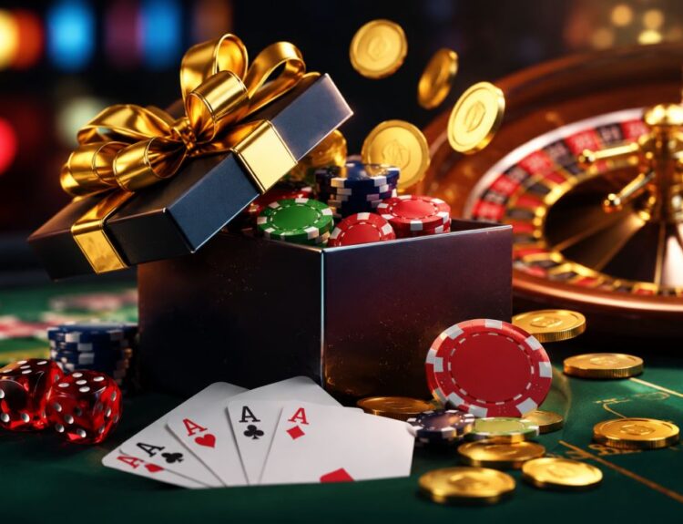 A gift box overflowing with colorful poker chips and playing cards on a green casino table with a roulette wheel in the