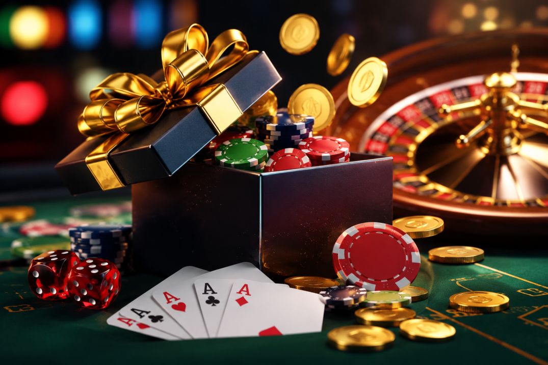 A gift box overflowing with colorful poker chips and playing cards on a green casino table with a roulette wheel in the