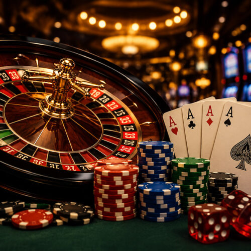 Close-up of a roulette wheel, poker cards, and stacked poker chips on a casino table, with slot machines in the backgrou