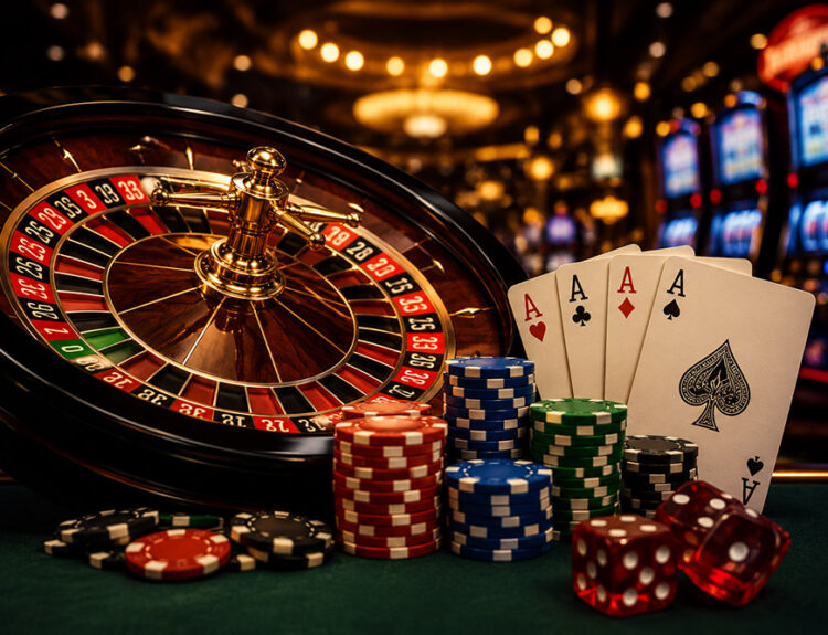 Close-up of a roulette wheel, poker cards, and stacked poker chips on a casino table, with slot machines in the backgrou