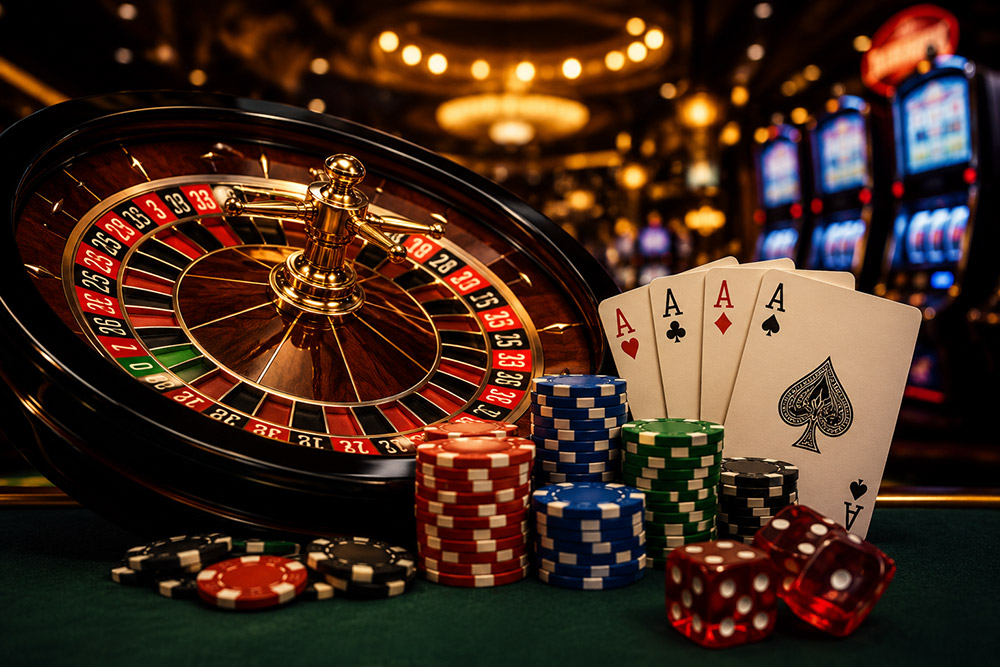 Close-up of a roulette wheel, poker cards, and stacked poker chips on a casino table, with slot machines in the backgrou
